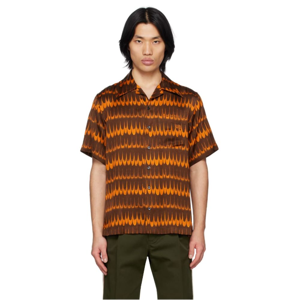 $295 WALES BONNER Brown & Orange Rhythm Shirt Viscose satin shirt. Size 50